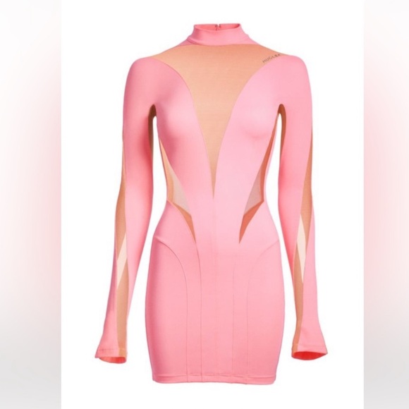 NWT MUGLER x HM Mesh Panel Mini Dress Pink Longsleeve Bodycon Mesh Cut Outs XS - Picture 9 of 9